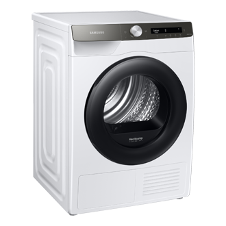 Suszarka Samsung DV90T5240AT/S6 o pojemności 9 kg z AI Control, technologią OptimalDry oraz funkcją Higiena - pokazana od lewej strony skośnie