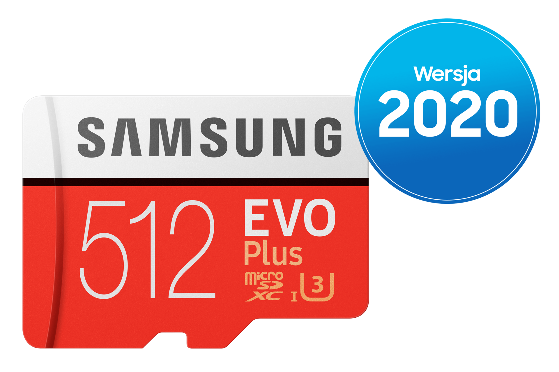 Karta microSD 512 GB z 2020 widziana z przodu - to karta Samsung EVO Plus 2020 MB-MC512HA/EU z UHS-I Klasa szybkości 1 (U1), klasa 10 - poznaj superszybką kartę pamięci!