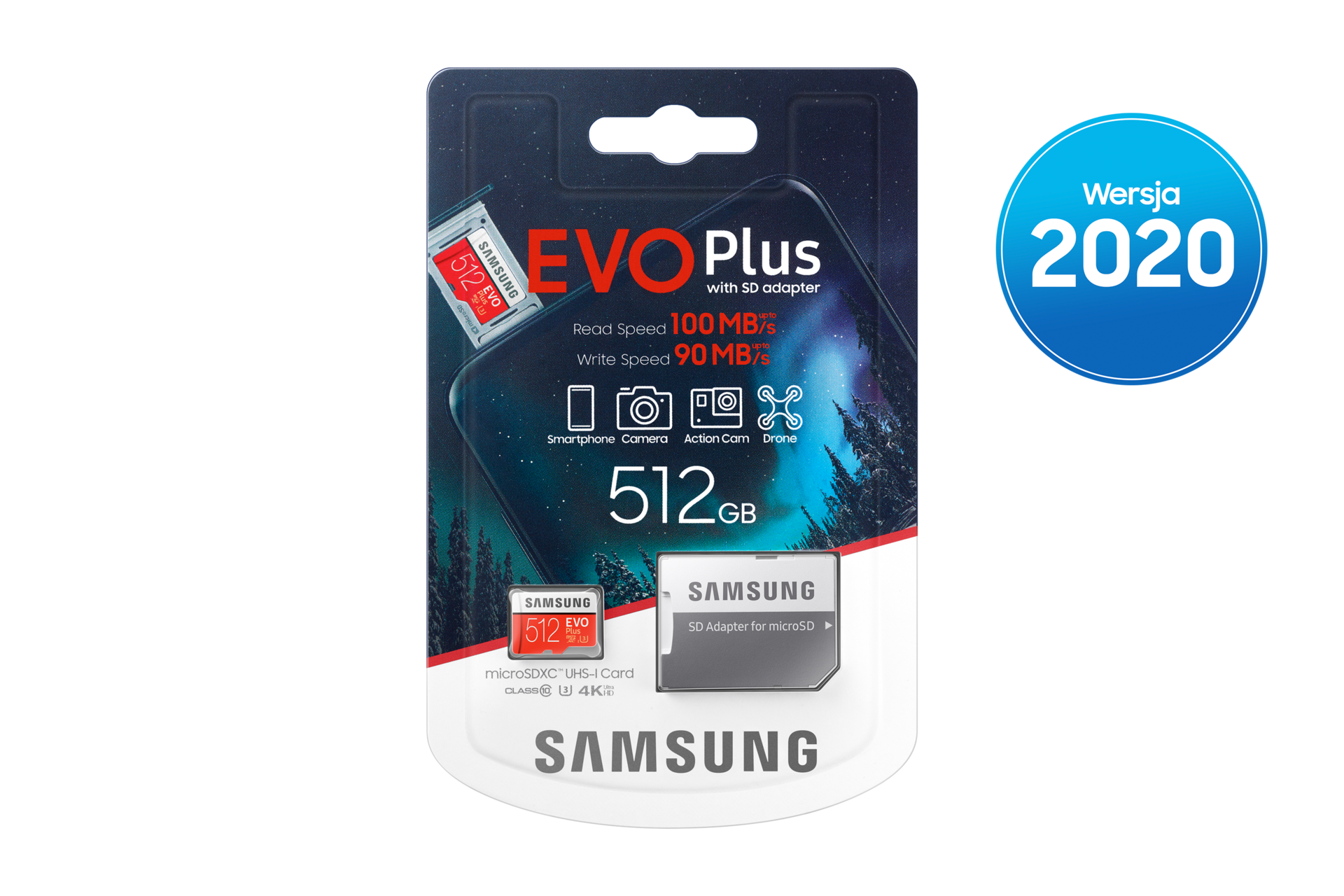 Czerwono-biała karta microSD Samsung EVO Plus 2020 o pojemności 512 GB MB-MC512HA/EU i szary adapter SD Samsung ułożone w oryginalnym opakowaniu 