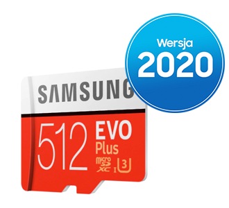 Najnowsza superszybka karta pamięci microSD 2020 o pojemności 512 GB Samsung microSD EVO Plus 2020 MB-MC512HA/EU z prędkością do 100 MB/s w odczycie i 20 MB/s w zapisie - widoczna pod skosem z przodu i lewego boku