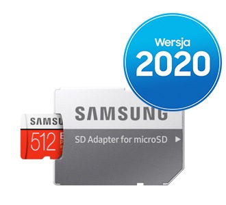 512 GB karta microSD Samsung wersja 2020 EVO Plus 2020 MB-MC512HA/EU z UHS-I kompatybilnym z interfejsem HS i ułożony obok niej dedykowany Adapter SD dołączony w zestawie