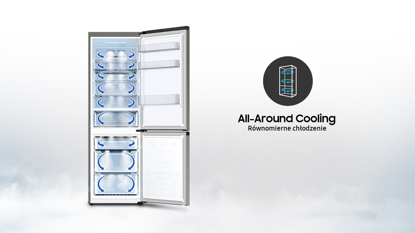 Кожен предмет холодильника RB34T600ESA / EF охолоджується до однакової температури завдяки спеціальному потоку повітря.