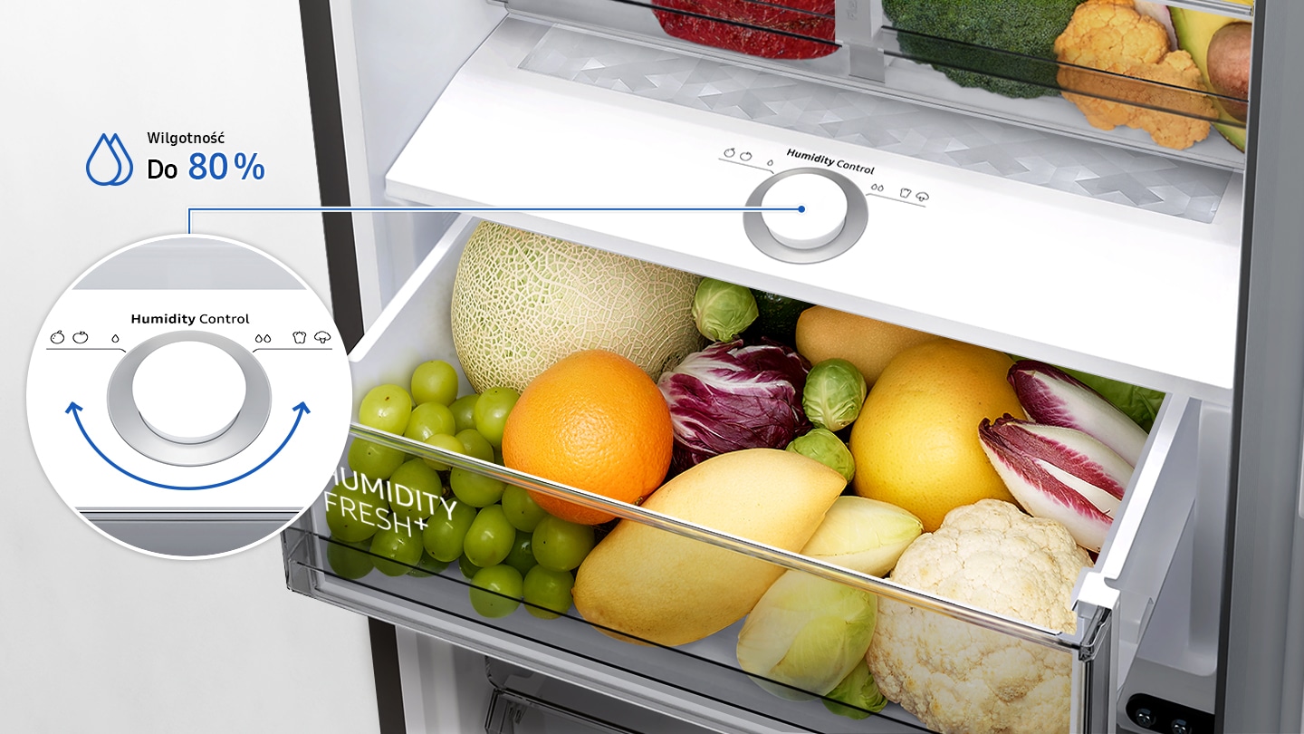 Lodówki Samsung No Frost 2020 posiadają szufladę z kontrolą wilgotności Humidity Fresh +, co umożliwia przechowywanie warzyw i owoców w najlepszych dla nich warunków dla zachowania ich świeżości i walorów