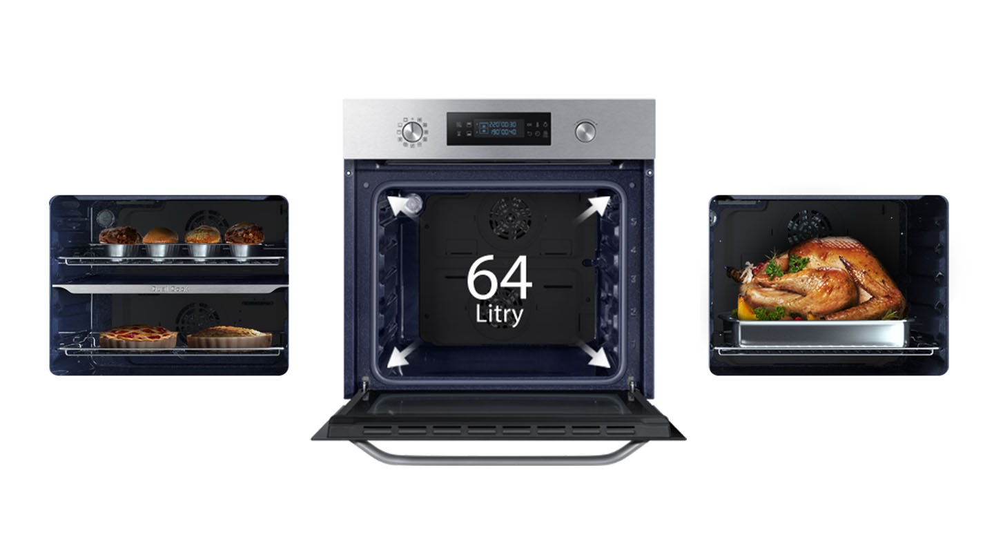 Z łatwością upieczesz duże potrawy i dania dla całej rodziny dzięki piekarnikowi o pojemności 64 litrów - Samsung Dual Cook Samsung NV64R3531BB.