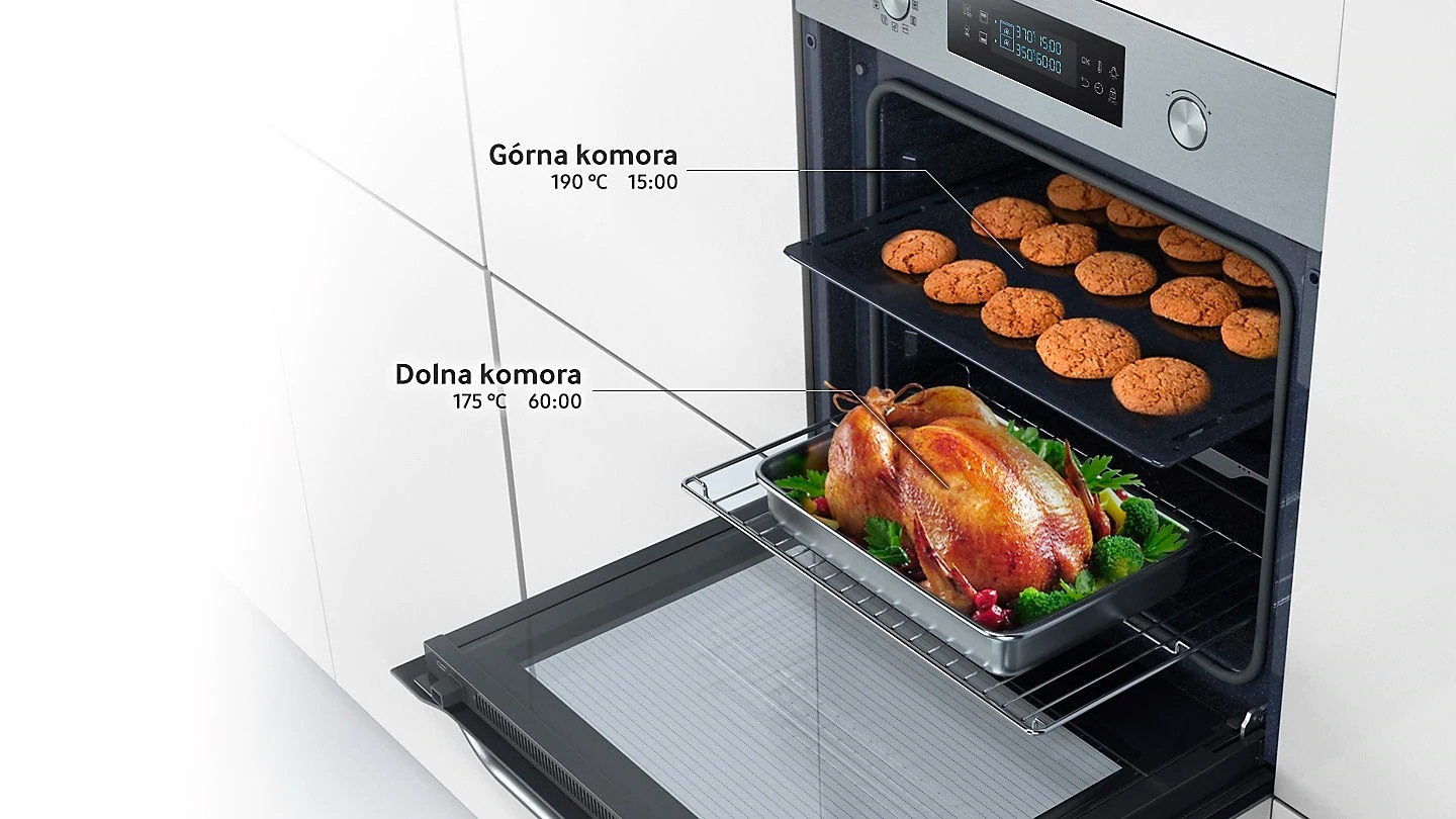 Wybierz NV75N7647RS, czyli piekarnik elektryczny Samsung z technologią Dual Cook Flex opojemności 75 litrów.
