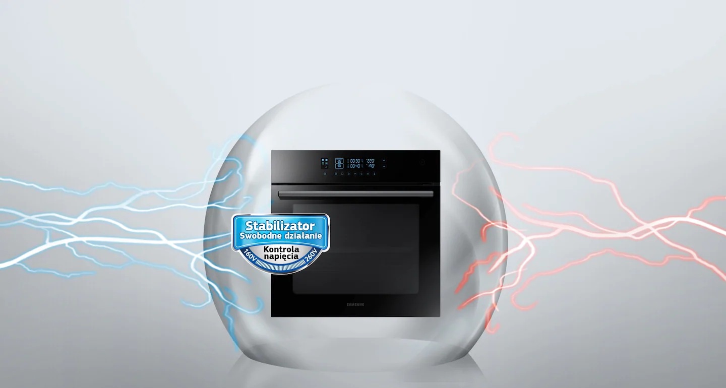 A Samsung NV70M5520CB/EO Dual Cook 68 l-es elektromos sütő meghibásodása esetén speciális túlfeszültség elleni védelem biztosítja az azonnali áramszünetet.