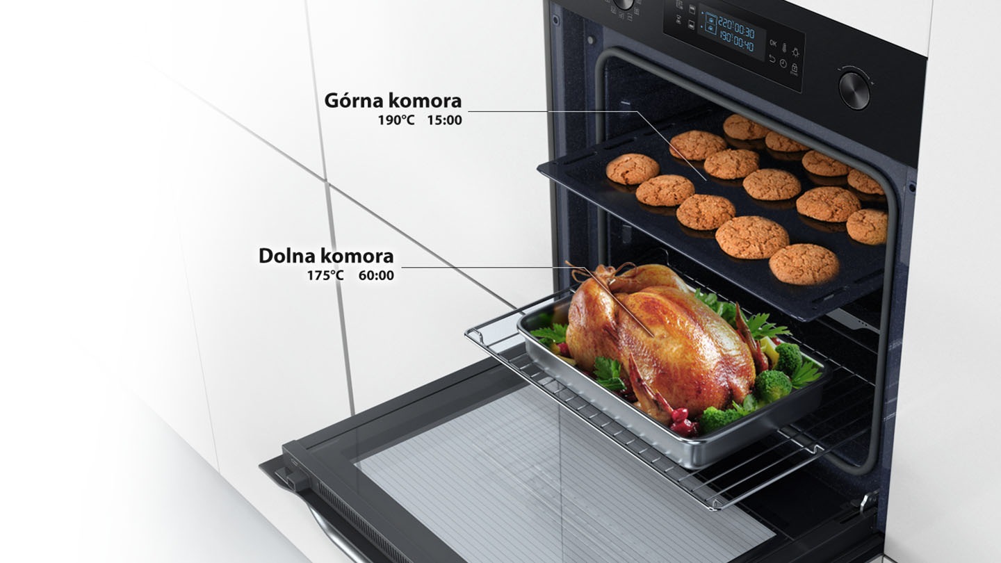 A továbbfejlesztett Dual Cook funkcióval ellátott Samsung NV70M3541RB/EO 68 l-es elektromos sütőben két különböző ételt vagy egy nagyot készíthet, bővítve a teret!