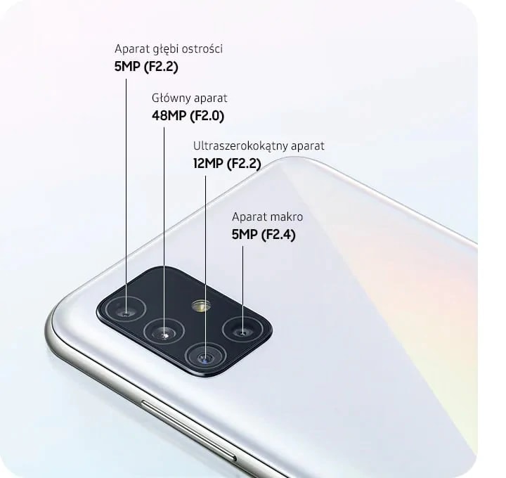 Smartfon Samsung Galaxy A51 to telefon z niesamowitym aparatem, posiadającym aż 4 obiektywy - obiektyw 48 MP, obiektyw ultraszerokokątny 12 MP, obiektyw Macro 5 MP oraz obiektyw głębi ostrości 5 MP!