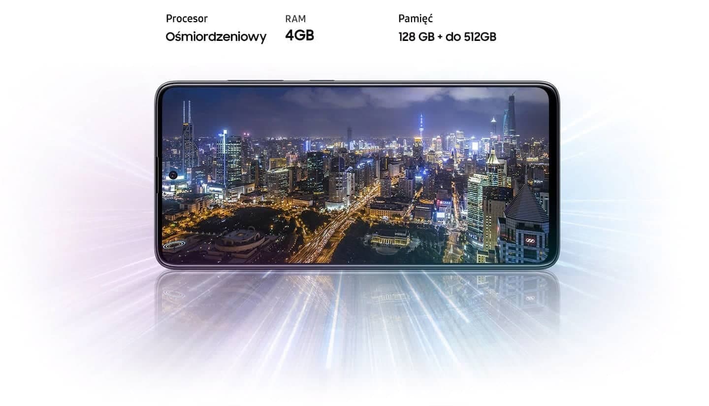 Smartfon Galaxy A51 posiada ośmiordzeniowy procesor i pamięć RAM o pojemności 4GB. Pamięć wewnętrzna posiada 128 GB, które możesz rozbudować do 512 GB