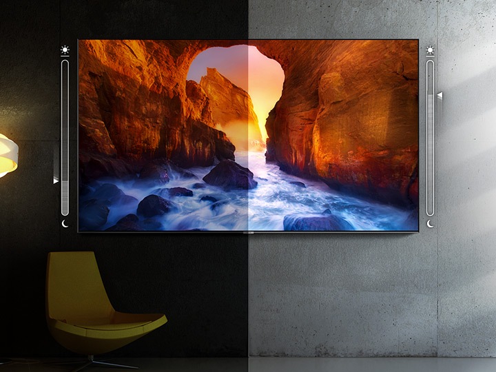 Samsung QLED Q90R to telewizor 4K dostosowujący poziom jasności i dźwięku do warunków panujących w pomieszczeniu za pomocą Trybu Inteligentnego