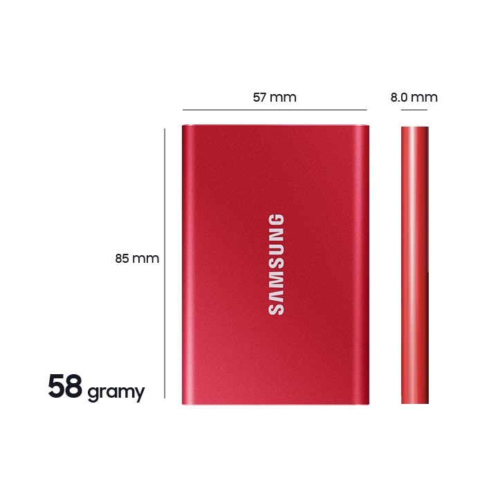 Dysk pSSD T7 Samsung jest niewielki i kompaktowy - rozmiarem przypomina kartę kredytową, a waży jedynie 58g