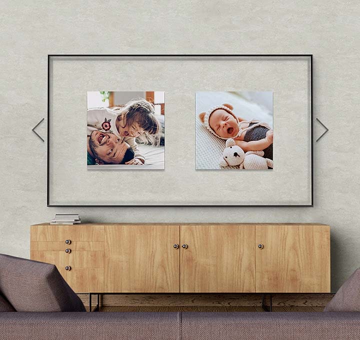 Tryb Ambient w telewizorach UHD Samsung TU8002 pozwala przekształcić czarny ekran w dodatek pasujący do Twojego wnętrza| dzięki możliwości wyświetlania w trybie spoczynku wybranych treści