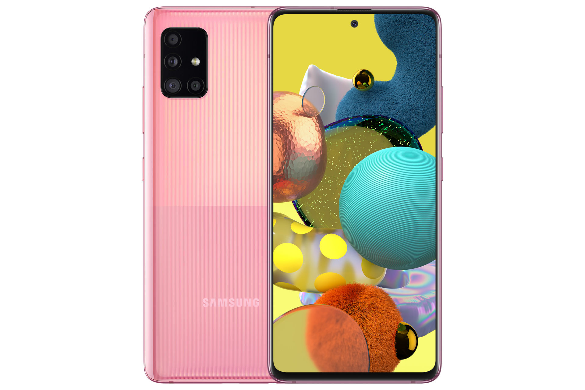 Różowy smartfon SM-A516BZIDEUE  Samsung Galaxy A51 5G z wyświetlaczem Infinity-O o wielkości 6,5 cala i 4 obiektywami oraz pojemną baterią 4500 mAh i funkcją szybkiego ładowania - zdjęcie ukazuje smartfon z przodu