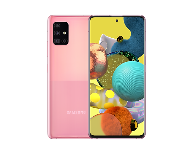 Różowy smartfon SM-A516BZIDEUE  Samsung Galaxy A51 5G z wyświetlaczem Infinity-O o wielkości 6,5 cala i 4 obiektywami oraz pojemną baterią 4500 mAh i funkcją szybkiego ładowania - zdjęcie ukazuje smartfon z przodu