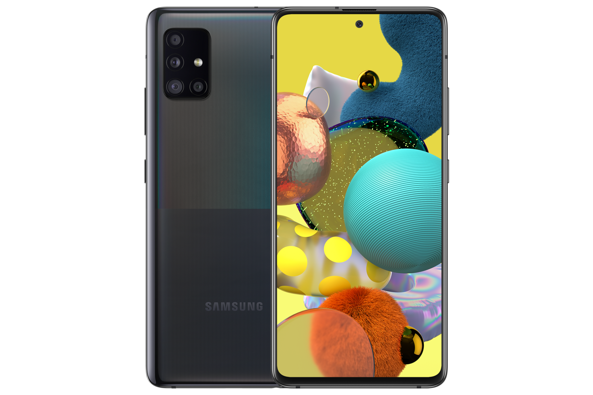 Przód czarnego smartfona Samsung Galaxy A51 5G SM-A516BZKDEUE z wyświetlaczem Infinity-O o wielkości 6,5 cala i 4 obiektywami oraz pojemną baterią 4500 mAh i funkcją szybkiego ładowania