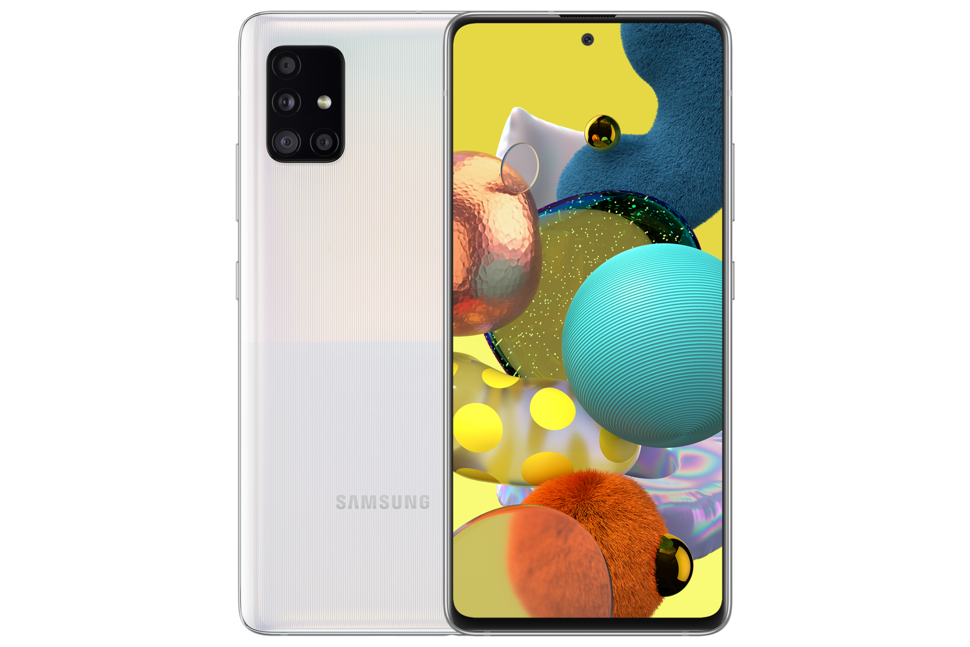 Biały smartfon Samsung Galaxy A51 5G SM-A516BZWDEUE z wyświetlaczem Infinity-O o wielkości 6,5 cala i 4 obiektywami oraz pojemną baterią 4500 mAh i funkcją szybkiego ładowania - przód