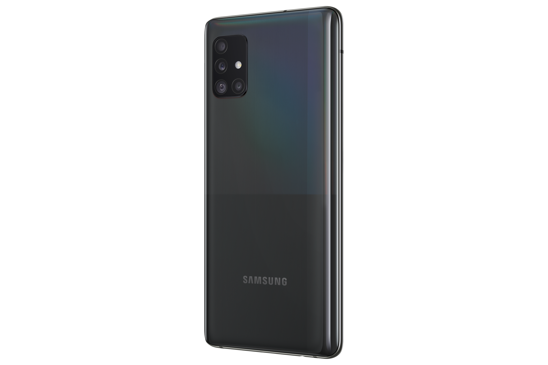 Prawy bok i tył smartfona SM-A516BZKDEUE Samsung Galaxy A51 5G w czarnym holograficznym kolorze - poznaj smartfon z czterema obiektywami i wyświetlaczem sAMOLED