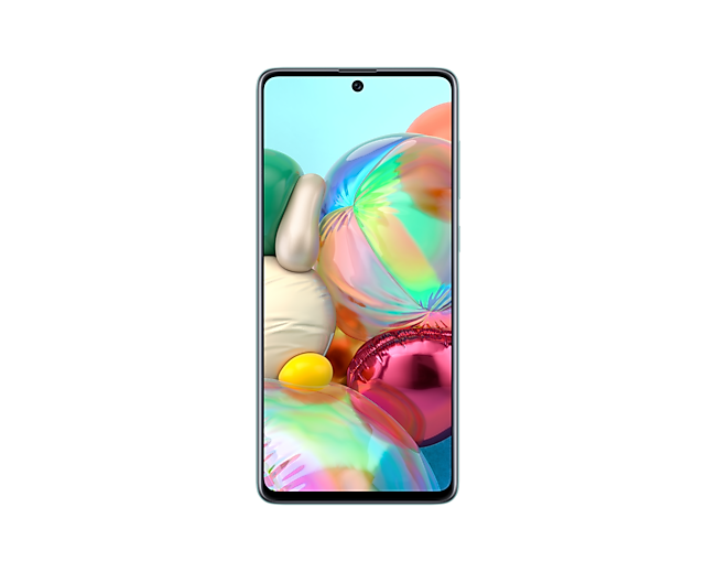 Pokazany od frontu nowoczesny telefon dla firm Samsung Galaxy A71 - widok na ekran oraz przedni aparat