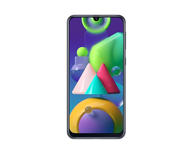 Czarny smartfon Samsung Galaxy M21 widziany z przodu to smartfon o wyjątkowym nowoczesnym designie z pamięcią 64 GB