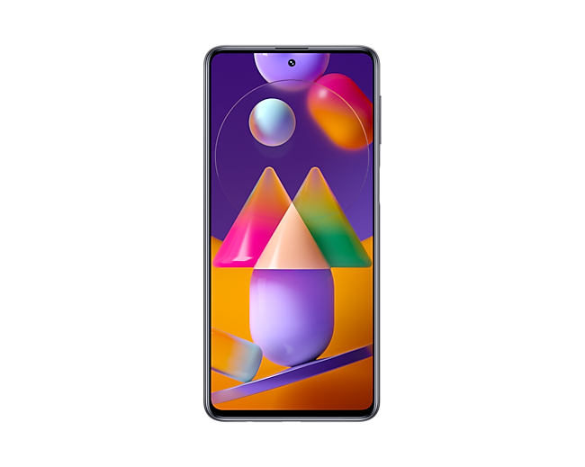 Pokazany od frontu nowoczesny smartfon z poczwórnym aparatem Galaxy M31s w kolorze czarnym - SM-M317FZKNEUE