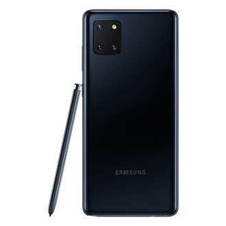 Widok tylnego panelu nowego telefonu Galaxy Note 10 Lite od marki Samsung w kolorze Aura Black z rysikiem S-Pen, który umożliwi łatwe zapisywanie na ekranie z funkcją Always On Display