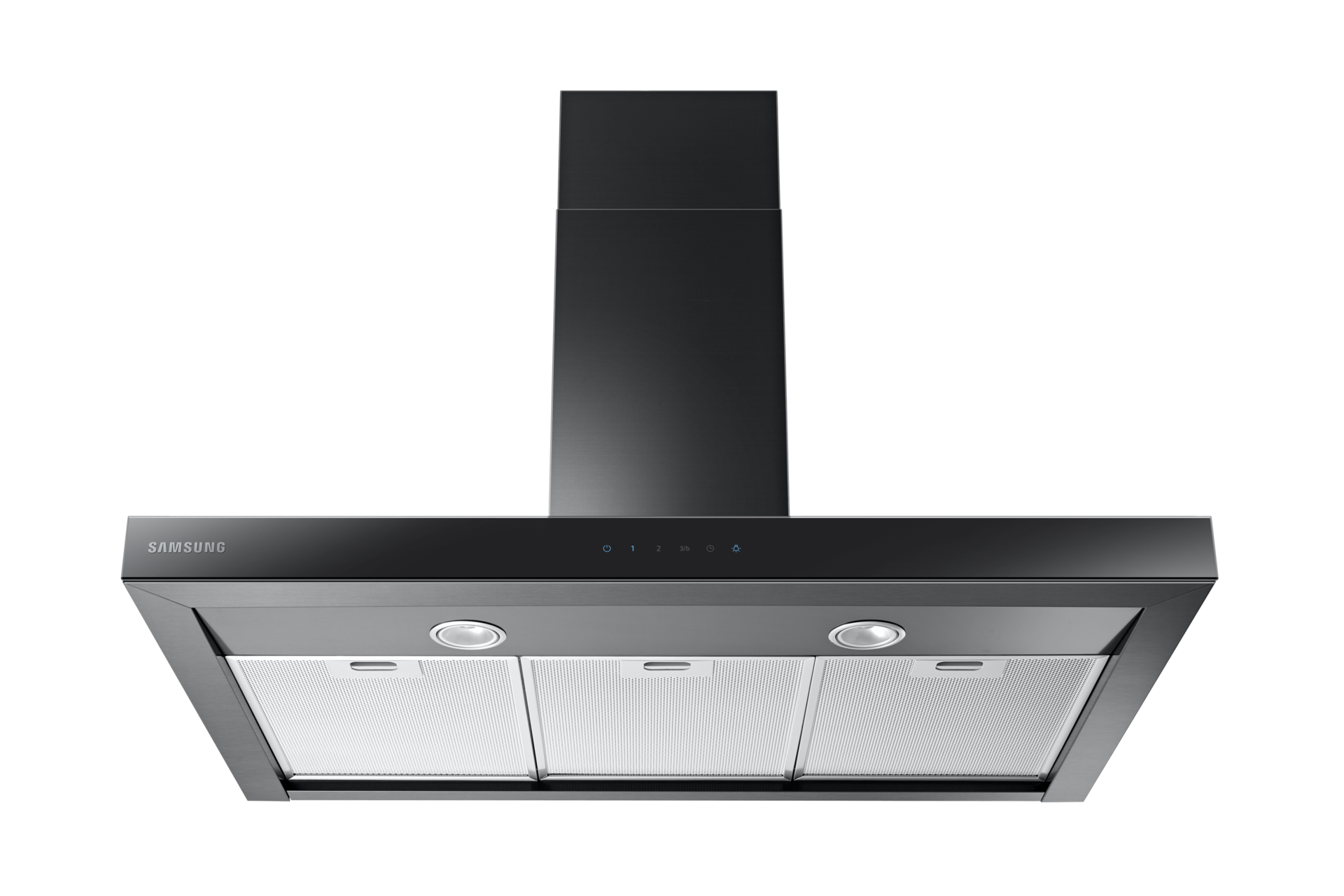 To zdjęcie pokazuje nam, jak wygląda okap kominowy 60 centymetrów Samsung NK36M5070BG/UR ujęty od dołu.