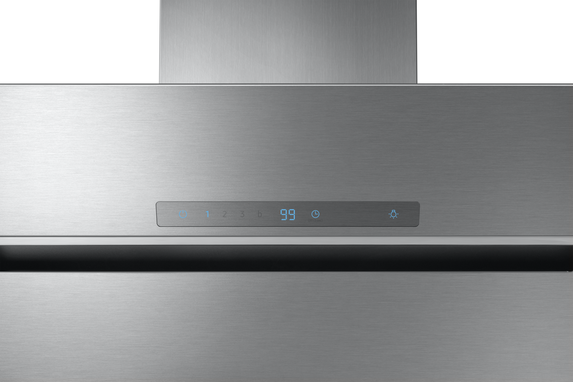 Na tym zdjęciu możemy zobaczyć panel kontrolny, w jaki został wyposażony okap z wyciągiem Samsung NK36M7070VS/UR.