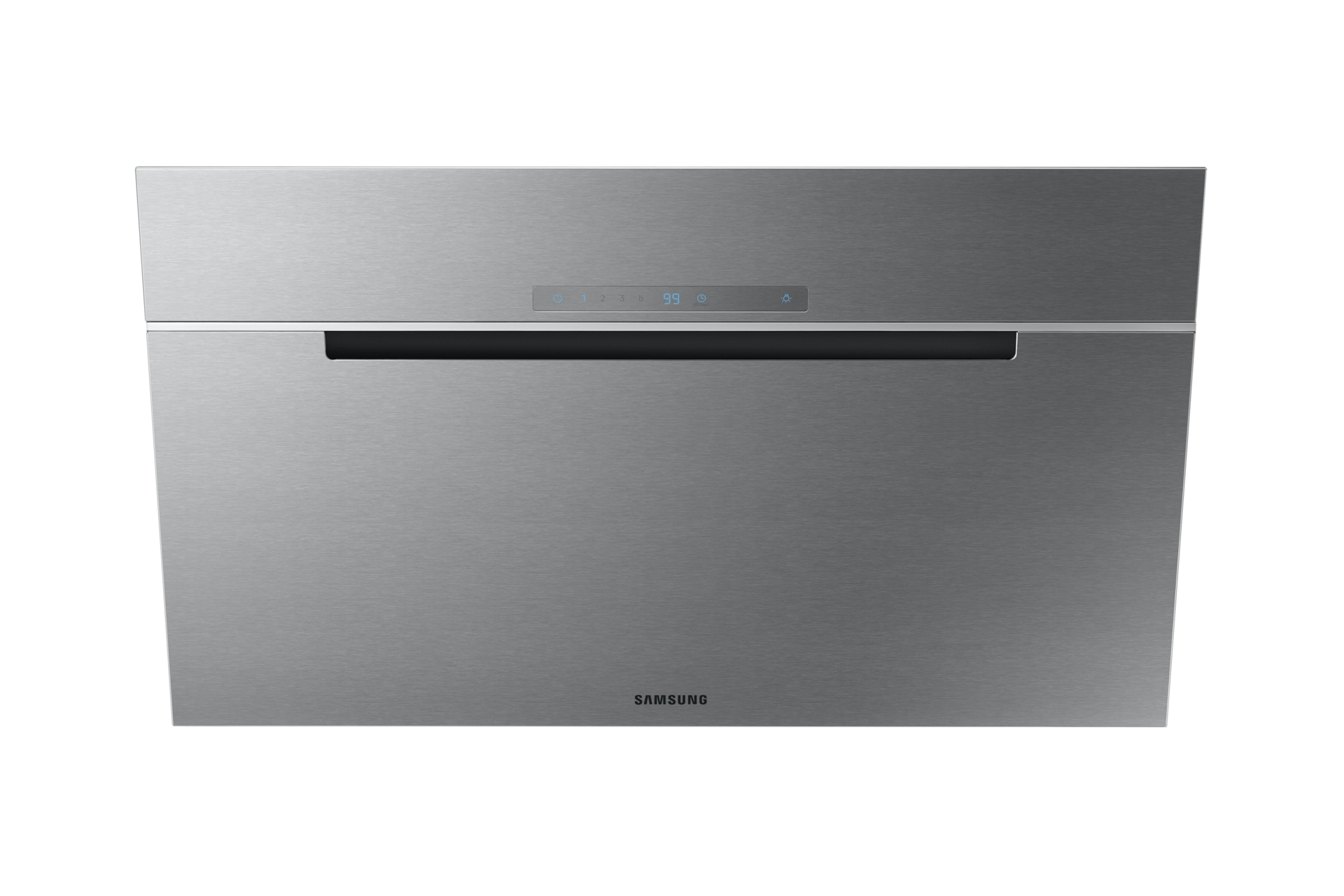 Na tej fotografii można zobaczyć zbliżenie na front okapu skośnego Samsung NK36M7070VS/UR.