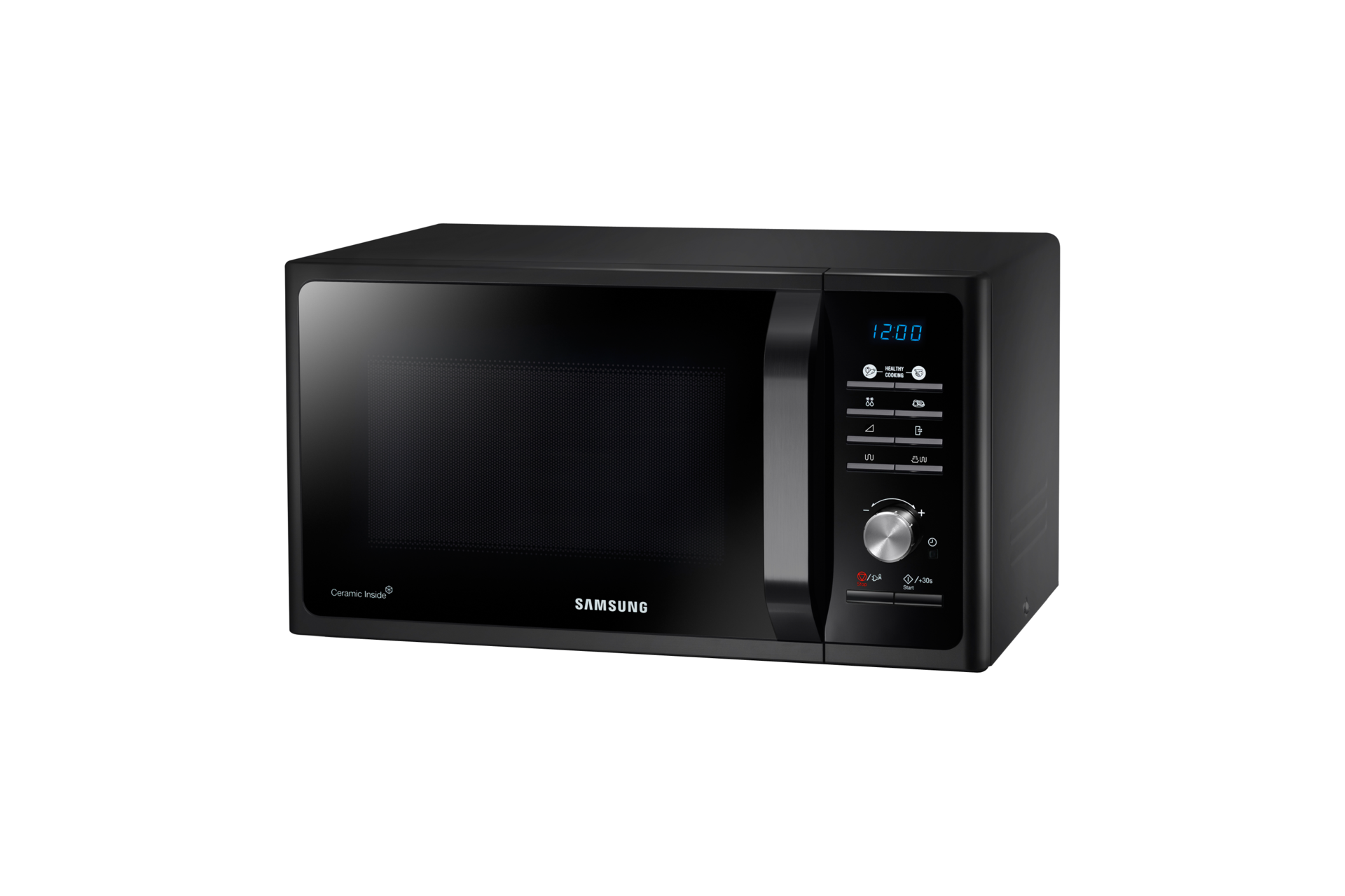 Elegancki wyświetlacz LED i wygodne srebrne przyciski ułatwiają sterowanie fukcjami kuchenki mikrofalowej Samsung