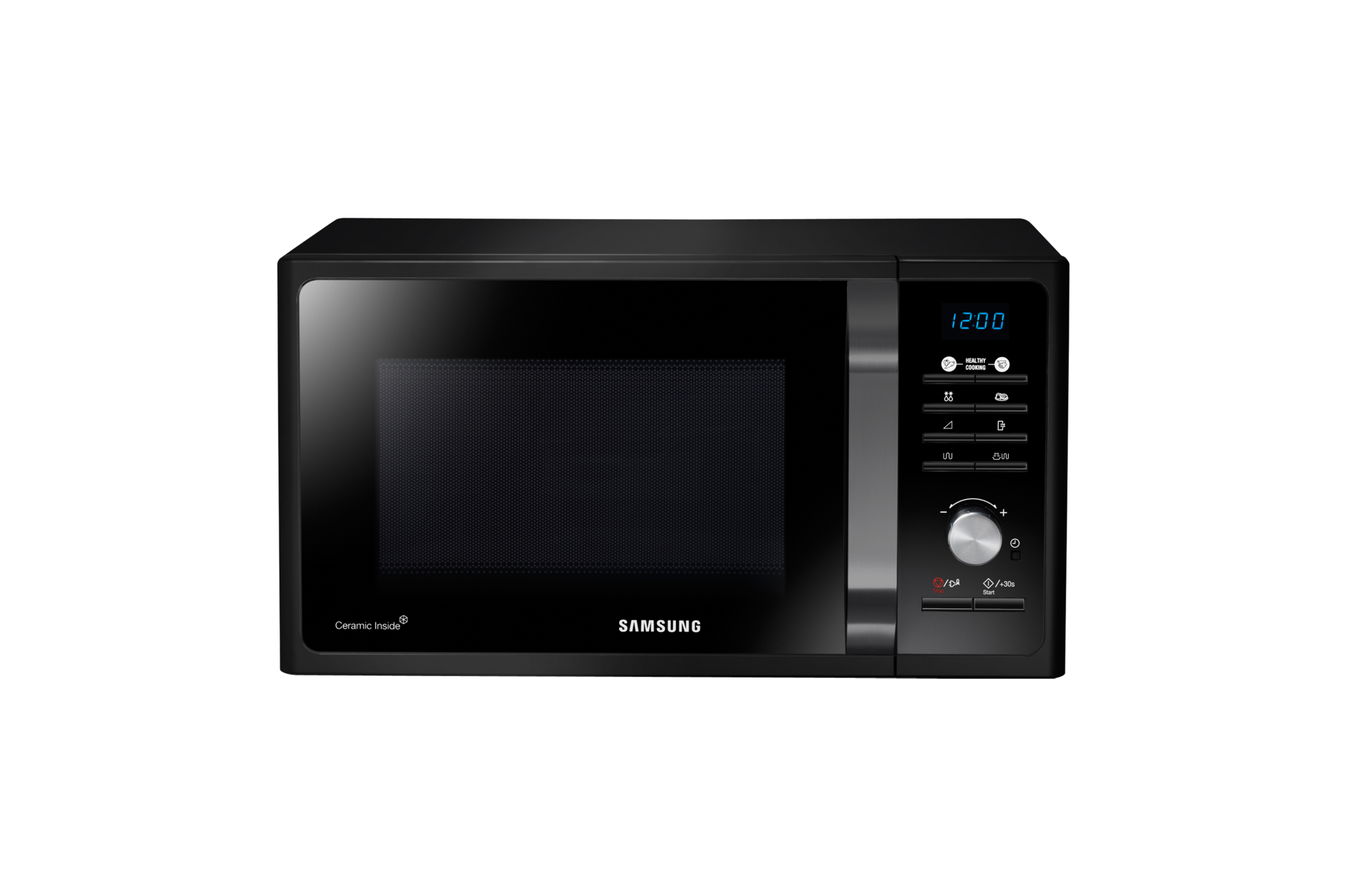 Stylowa mikrofalówka z grillem Samsung MG23F301TAK/EO z czarną obudową i białymi opisami dla eleganckiego wyglądu Twojej kuchni