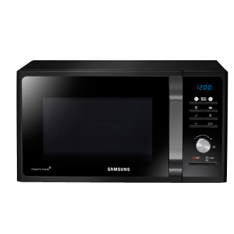 Stylowa mikrofalówka z grillem Samsung MG23F301TAK/EO z czarną obudową i białymi opisami dla eleganckiego wyglądu Twojej kuchni