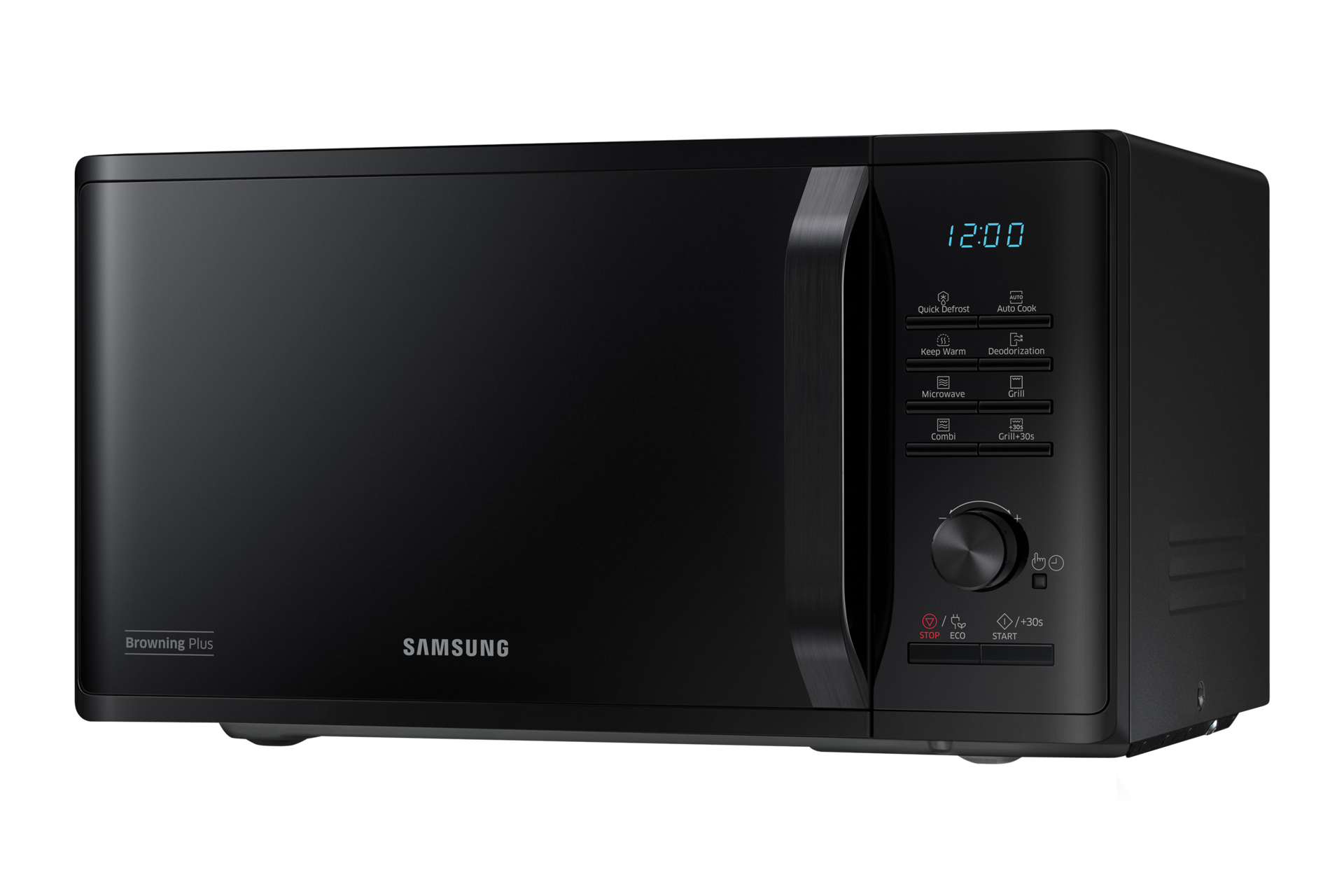 Elegancki niebieski wyświetlacz LED mikrofalówki wskazuje aktualną godzinę oraz komunikaty o wybranych programach