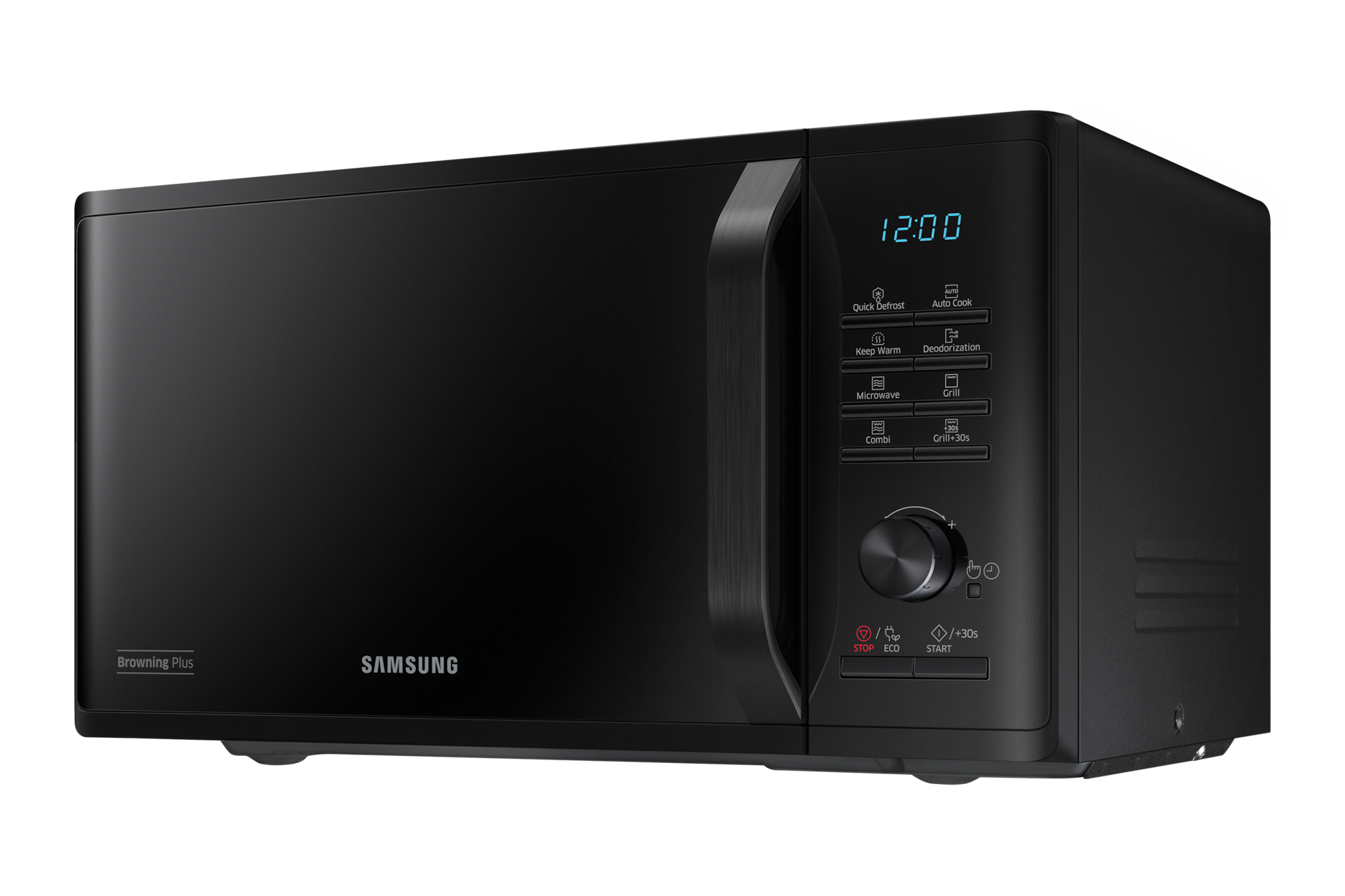 Kuchenka mikrofalowa Samsung MG23K3515CK/EO umieszczona jest na niewysokich nóżkach unoszących konstrukcję ponad blat