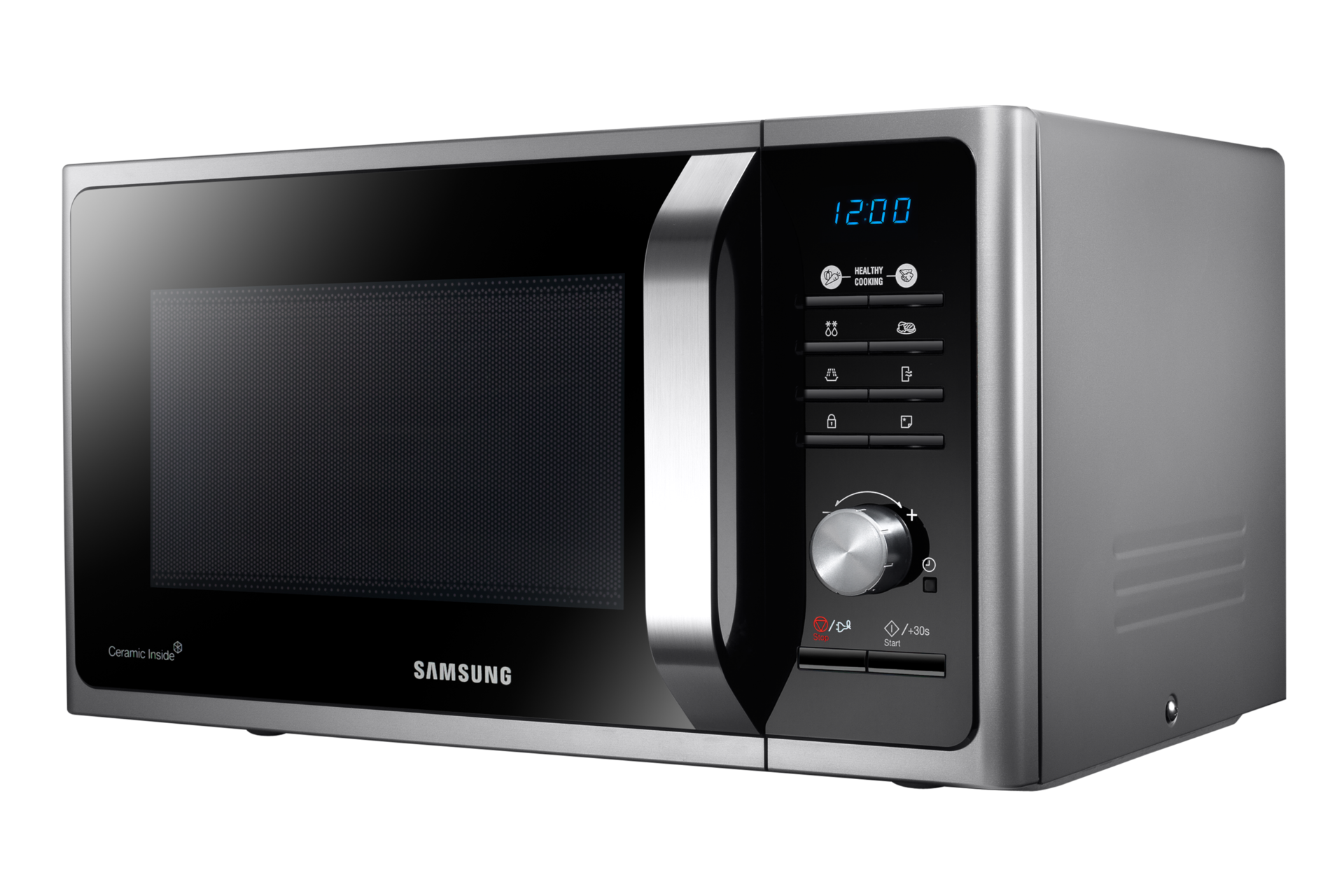 W panelu sterującym umieszczono czarne przyciski i białe oznaczenia w postaci graficznych ikon