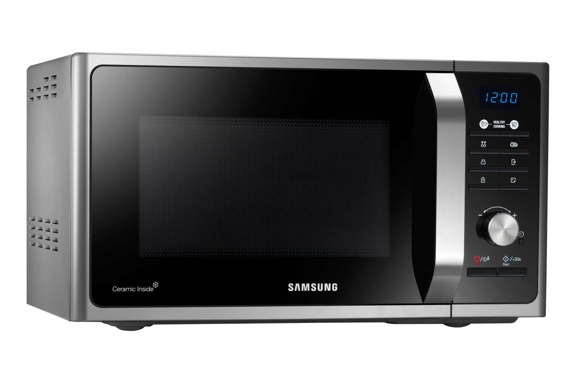 Mikrofalówka Samsung MS23F301TAS/EO wyposażona jest w srebrne pokrętło sterujące czasem pracy wkazywanym na niebieskim wyświetlaczu LED