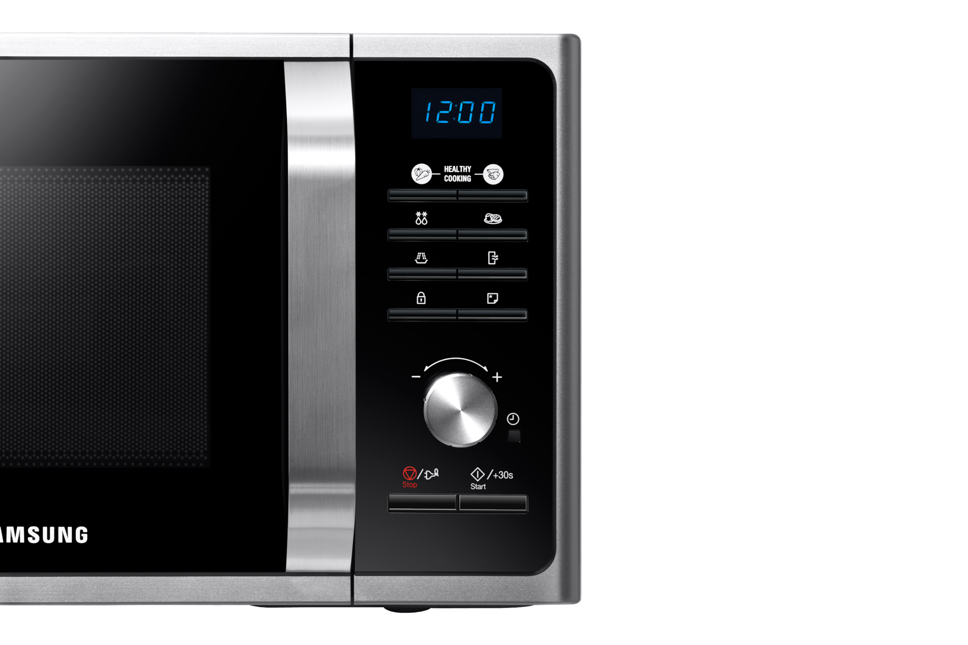 Poniżej wyświetlacza znajdują się dodatkowe przyciski pozwalające uruchomić mikrofalówkę i zatrzymać jej pracę