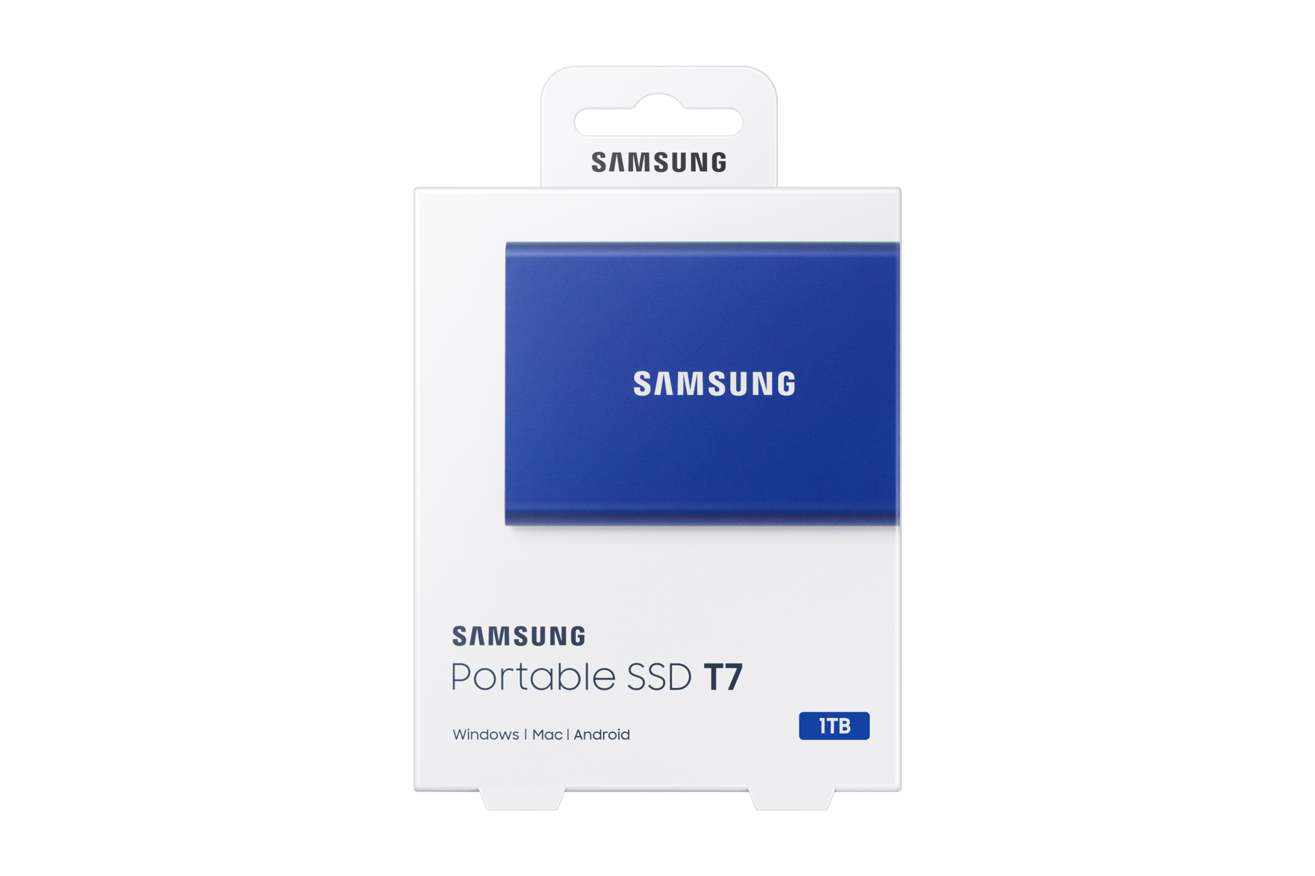 Widoczne z przodu pudełko przenośnego dysku SSD Samsung T7 1TB USB 3.2 w kolorze niebieskim