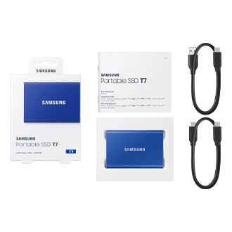 Zawartość opakowania dysku SSD Samsung T7 MU-PC1T0H/WW 1TB w kolorze niebieskim