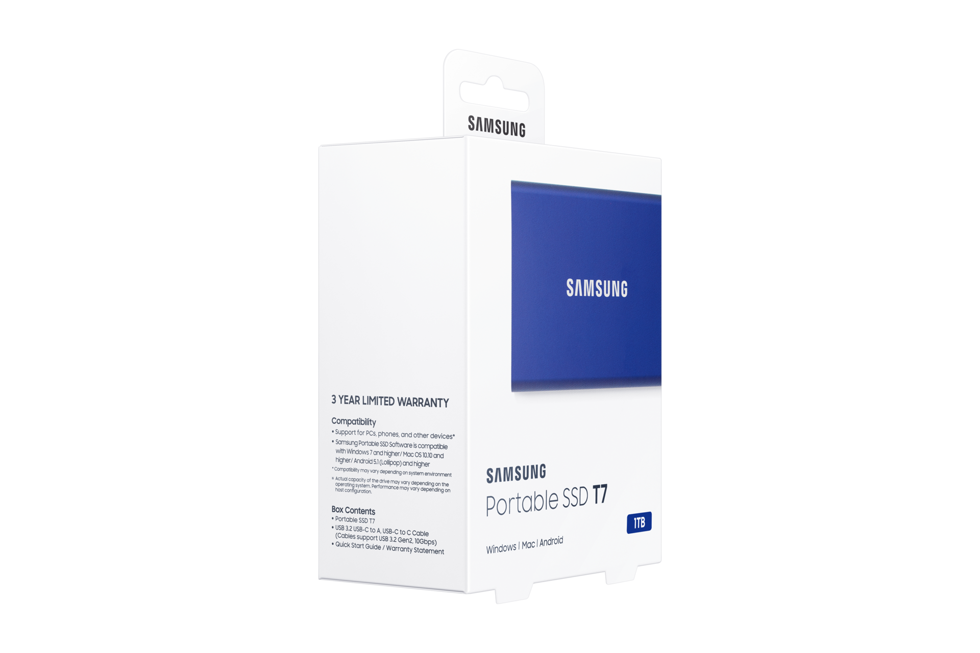 Niebieskie przenośne SSD Samsung T7 1TB z kontrolą termiczną oraz odpornością na wstrząsy - MU-PC1T0H/WW - opakowanie pokazane po skosie od lewej
