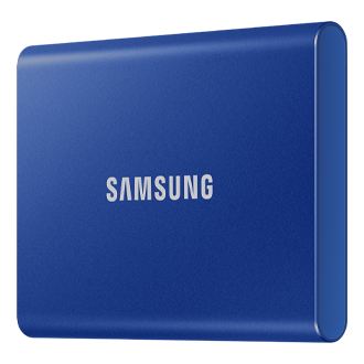 Pokazany po skosie od prawej strony przenośny dysk SSD Samsung 1TB niebieski z USB 3.2 gen.2 - MU-PC1T0H/WW 