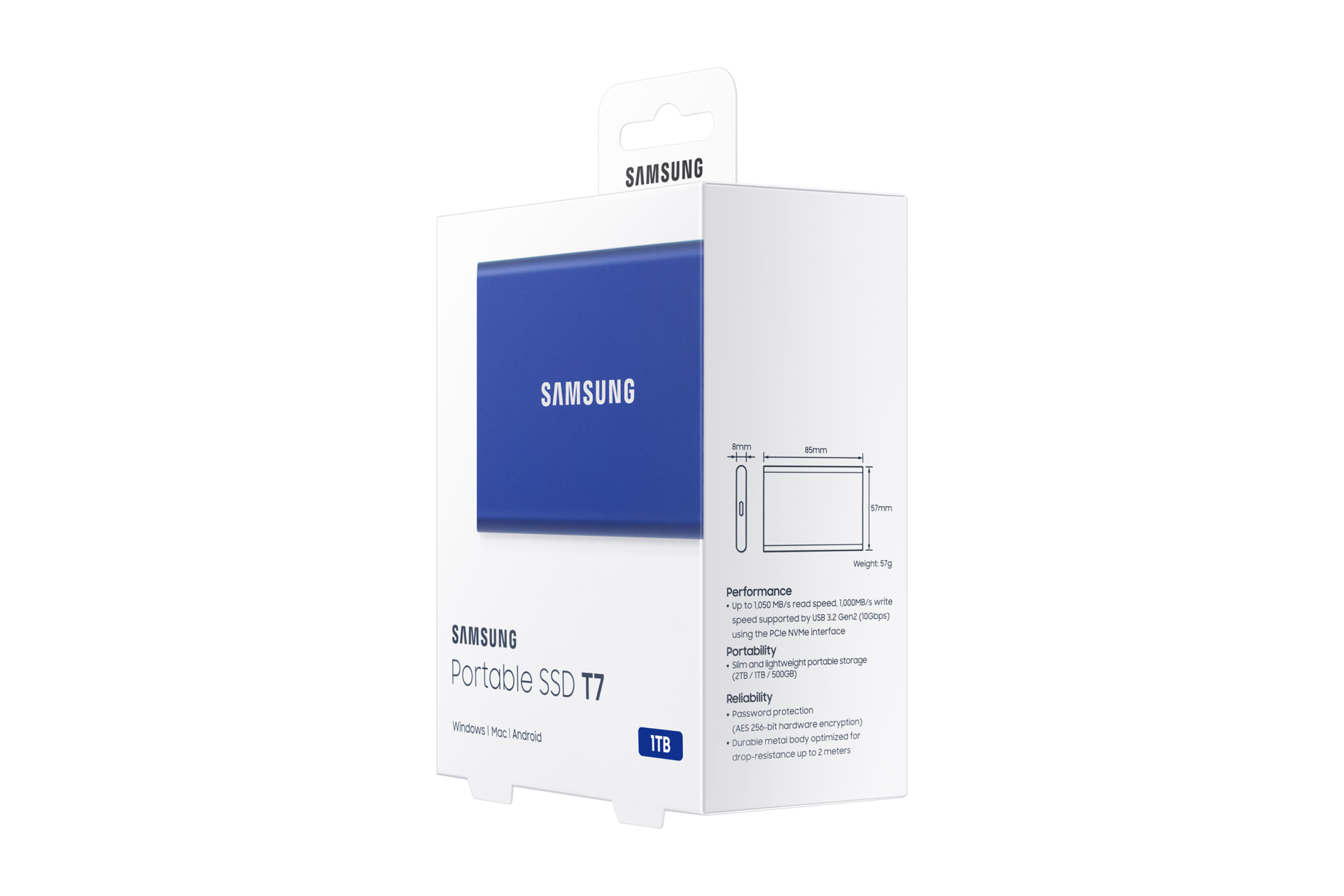 Dysk przenośny SSD niebieski o pojemności 1TB Samsung T7 USB 3.2 gen.2 - opakowanie pokazane z prawej strony pod kątem
