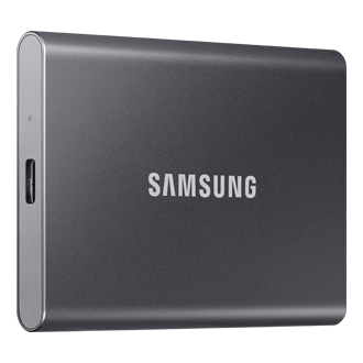 Pokazany z lewej perspektywy niezawodny dysk przenośny SSD Samsung 2TB T7 w kolorze szarym - MU-PC2T0T/WW