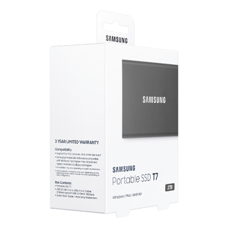 Szare przenośne SSD Samsung T7 2TB w kolorze szarym z USB 3.2 - MU-PC2T0T/WW - pudełko pokazane z lewej po skosie