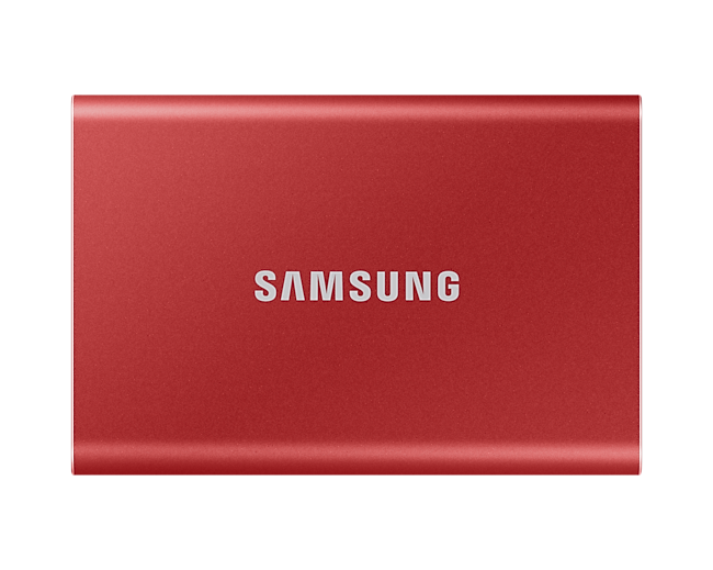 Pokazany od frontu czerwony przenośny dysk SSD Samsung T7 500GB - MU-PC500R/WW