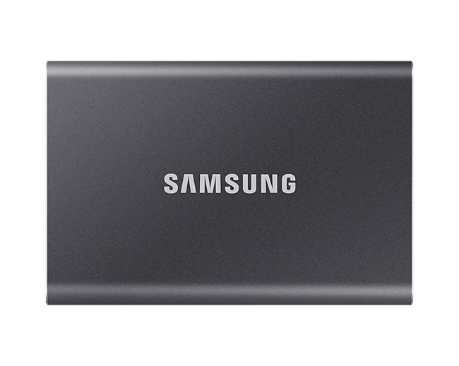 Przód szarego przenośnego dysku SSD Samsung T7 o pojemności 500GB - MU-PC500T/WW
