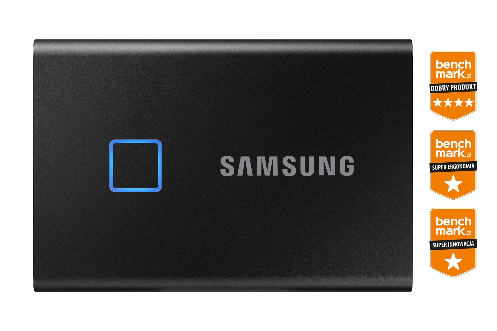 Czarny przenośny dysk SSD Samsung T7 Touch USB 3.2 1 TB - model MU-PC1T0K/WW widziany z przodu z logo Samsung