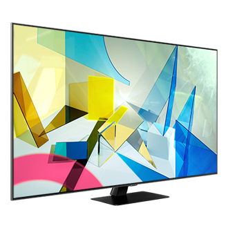 Smart TV Samsung QLED o przekątnej 55 cali serii Q80T, posiadający procesor Quantum 4K oraz Quantum HDR 1500 - telewizor ustawiony po skosie z lewej strony