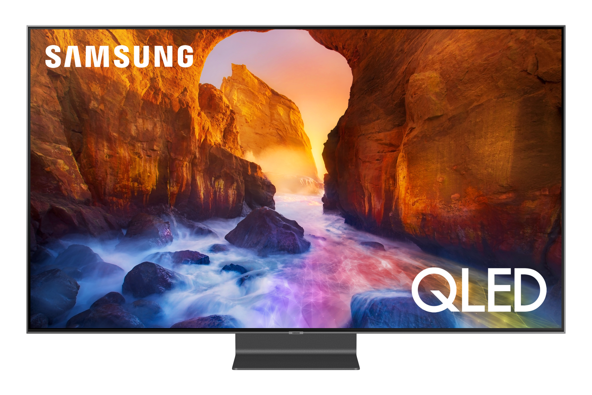 Przód telewizora Samsung QLED Q90R 65 cali QE65Q90RATXXH 4K UHD z logo Samsung i QLED