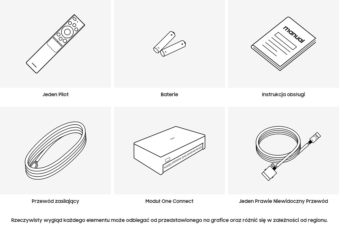 W zestawie z telewizorem QLED 55" Q95T znajdziesz Jeden Pilot, baterie, instrukcję obsługi, przewód zasilający, moduł One Connect oraz Jeden Prawie Niewidoczny Przewód