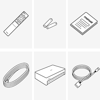 W zestawie z telewizorem QLED 55" Q95T znajdziesz Jeden Pilot, baterie, instrukcję obsługi, przewód zasilający, moduł One Connect oraz Jeden Prawie Niewidoczny Przewód